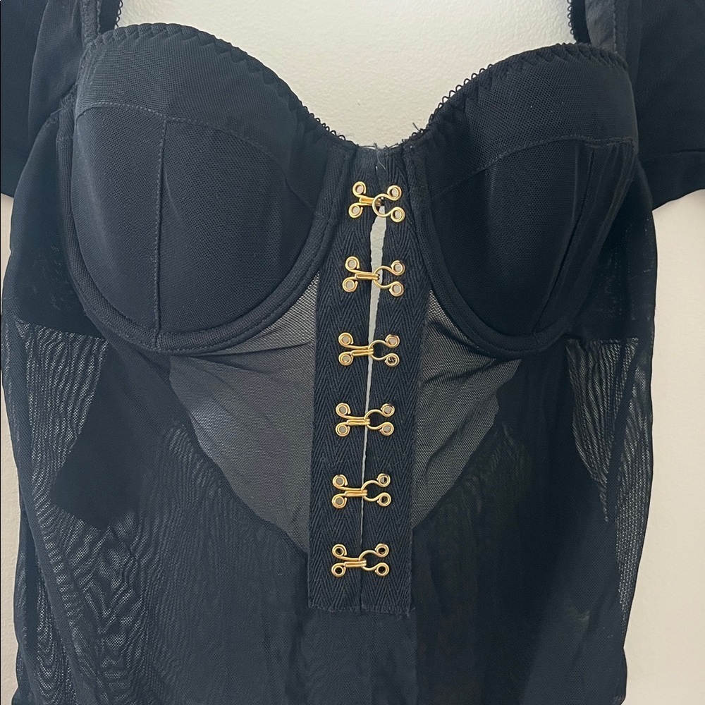 ASOS Sheer Mesh Bodysuit Black Long Sleeve Built In Bra 34B - Picture 2 of 5